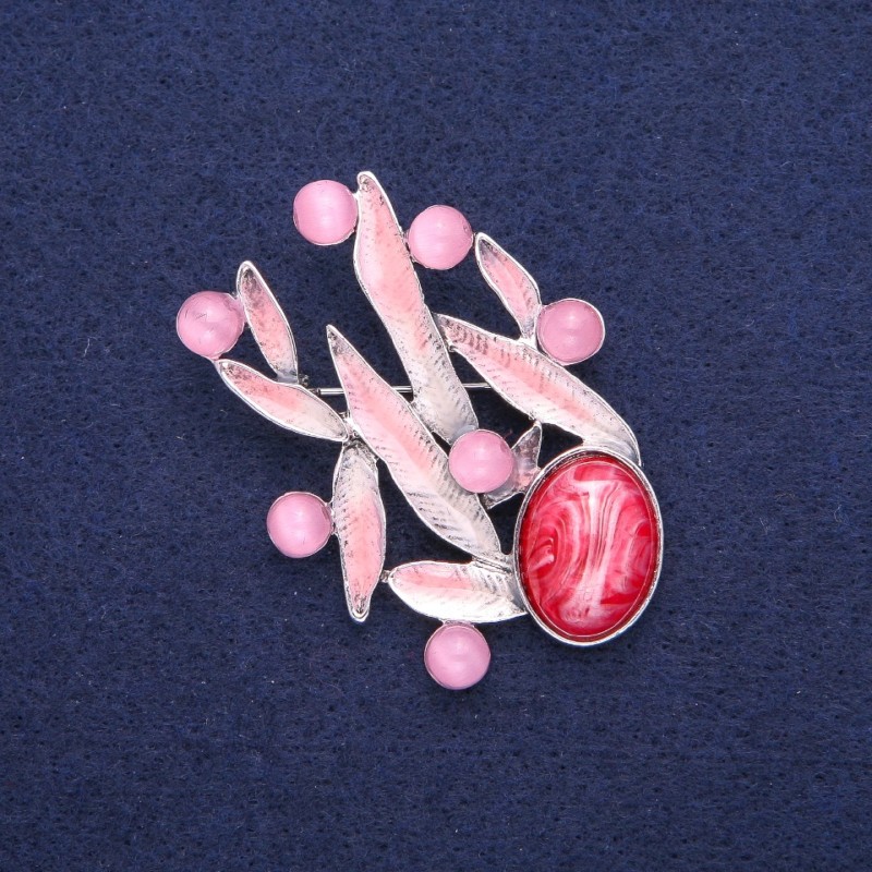 Brooch Leaves with Cat's Eye, pink enamel, silver-tone metal 38x53mm