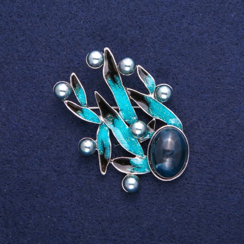 Brooch Leaves with Pearl, blue enamel, silver metal 38x53mm