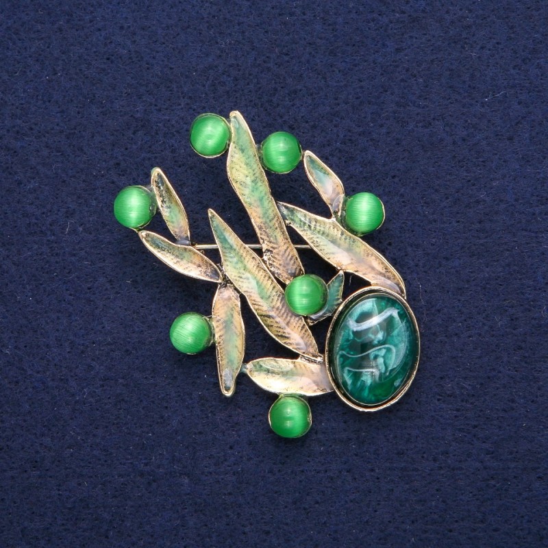 Brooch Leaves with Cat's Eye, green enamel, golden metal 38x53mm