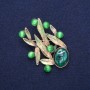 Brooch Leaves with Cat's Eye, green enamel, golden metal 38x53mm