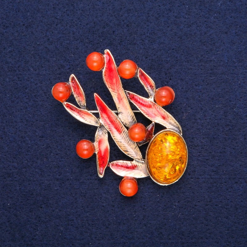 Brooch Leaves with Amber (single) and Cat's Eye, red enamel, golden metal 38x53mm
