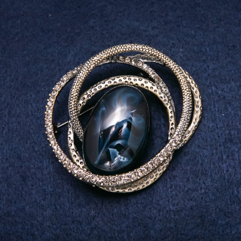Brooch Accent 55x55mm rhinestones cabochon color white blue metal gold