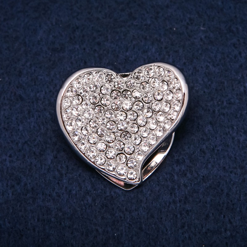 Brooch for scarf Heart with white crystals silver metal 33x36mm +