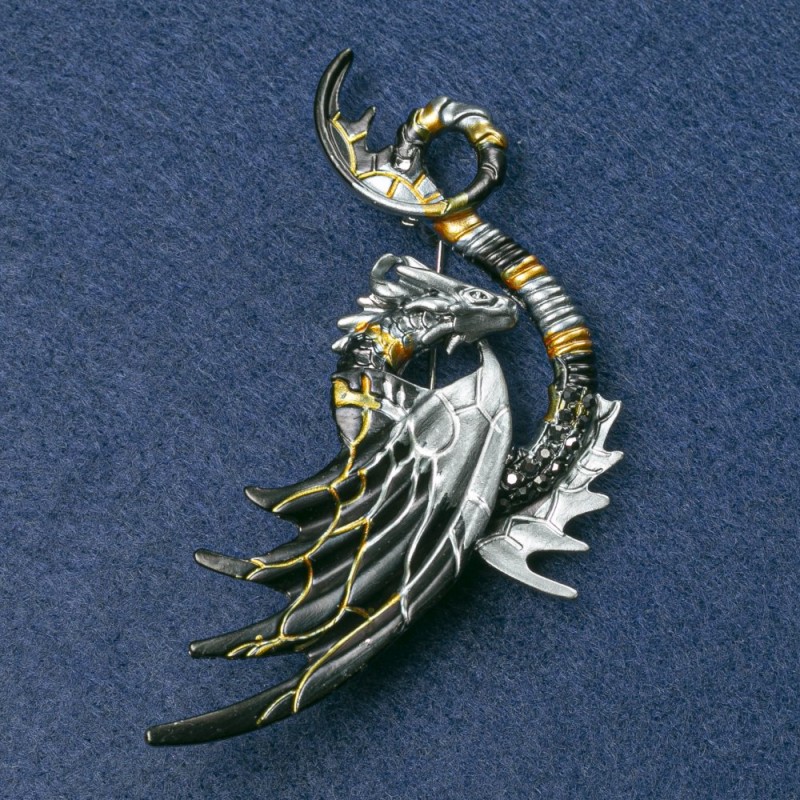 Dragon Brooch in Silver-tone Metal with Enamel and Black Rhinestones 88x50mm +