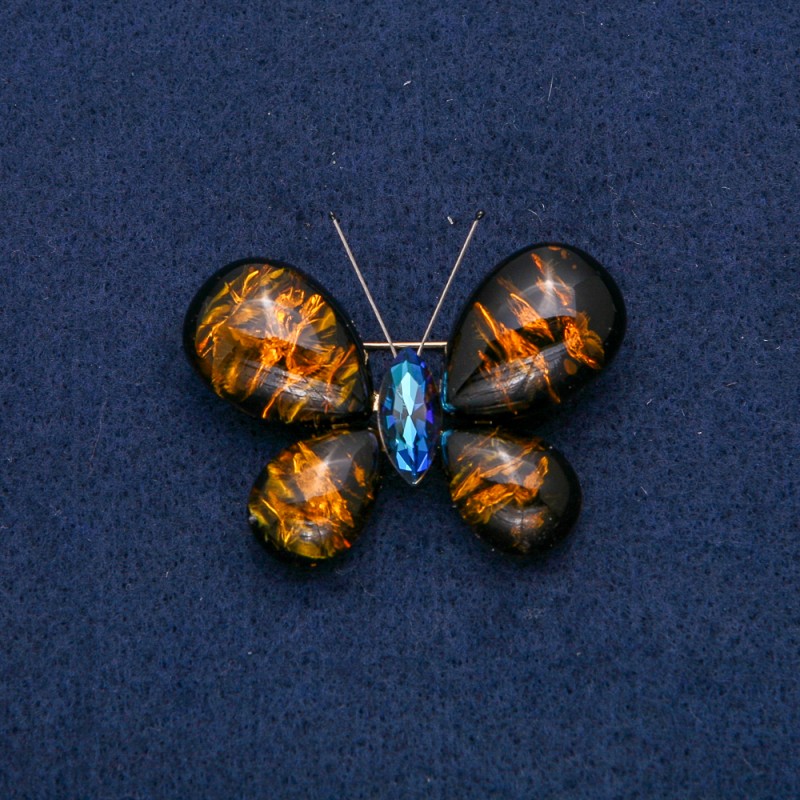 Brooch Butterfly with amber and blue rhinestone on golden metal 50x35mm +