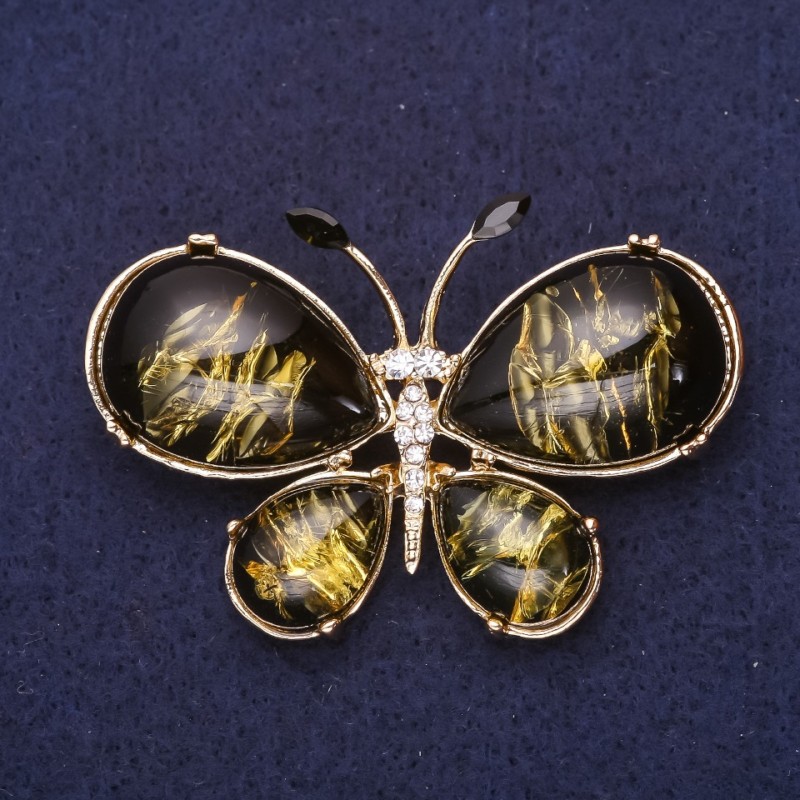 Brooch Butterfly with White Crystals "Amber" (single) 56x36mm Yellow Metal