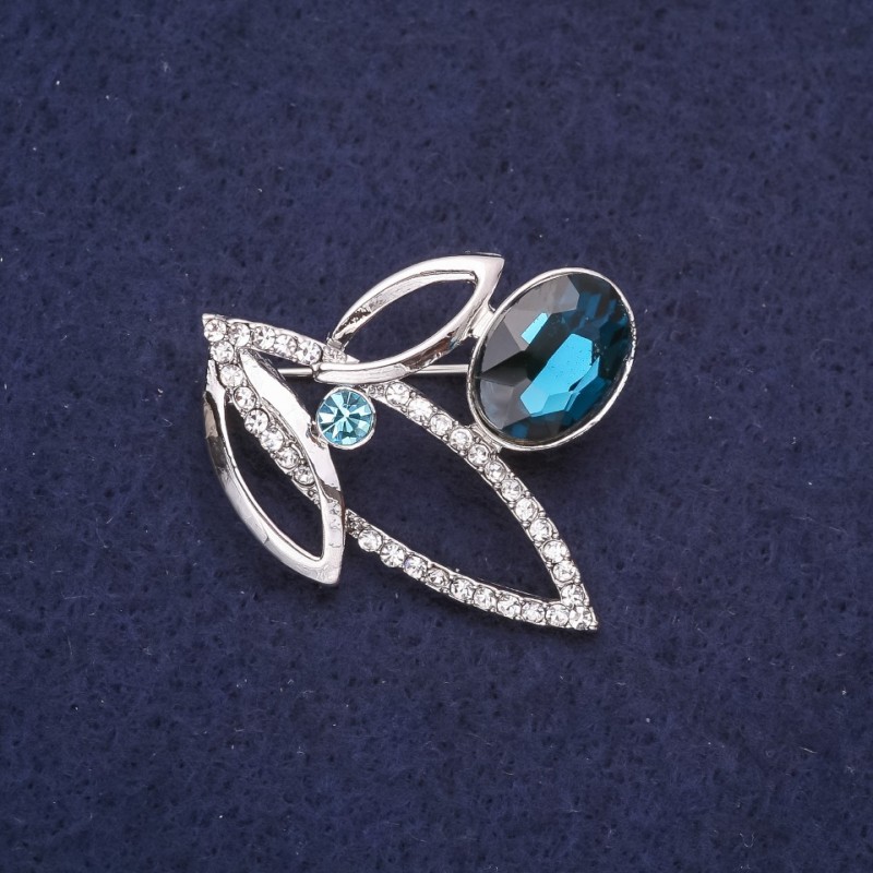 Brooch Accent with Rhinestones and Stone in blue, light blue, white 38x32mm, silver metal