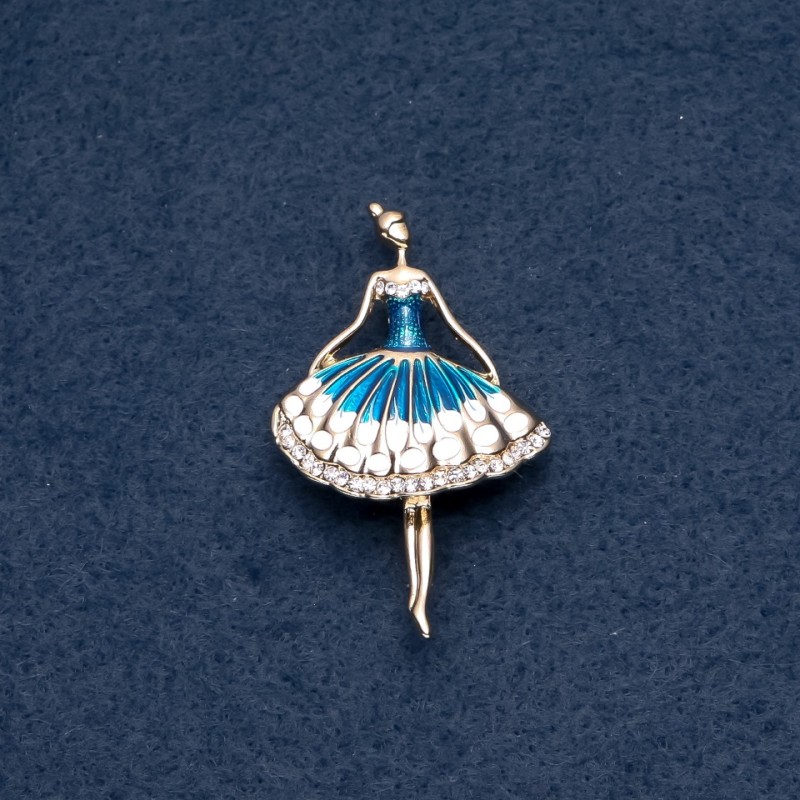 Brooch "Ballerina" blue enamel 30x50mm metal color "gold"
