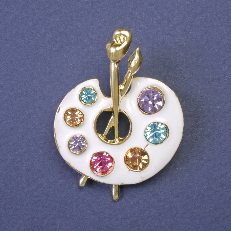 Brooch Palette with Multicolored Rhinestones and Enamel on Golden Metal 45x32mm+