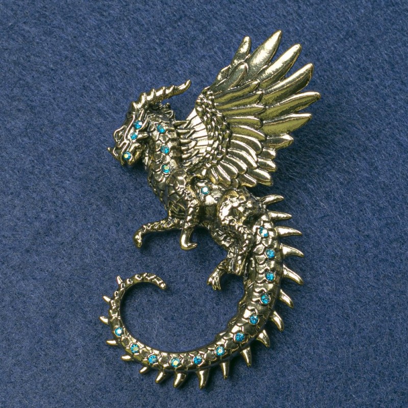 Dragon Brooch in Golden Metal with Blue Petrol Sapphire Crystals 64x50mm+