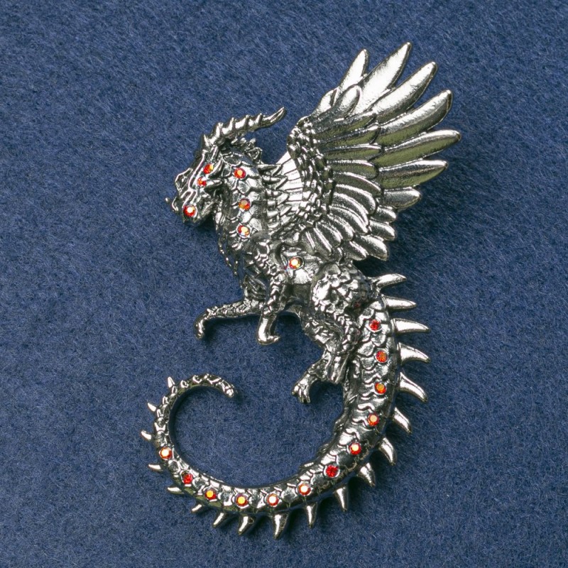 Brooch Dragon silver metal with red rhinestones 64x50mm+