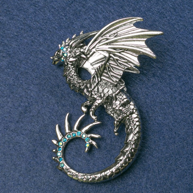 Brooch Dragon, silver-colored metal with blue petrol glass rhinestones 68x54mm