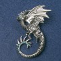 Brooch Dragon, silver-colored metal with blue petrol glass rhinestones 68x54mm