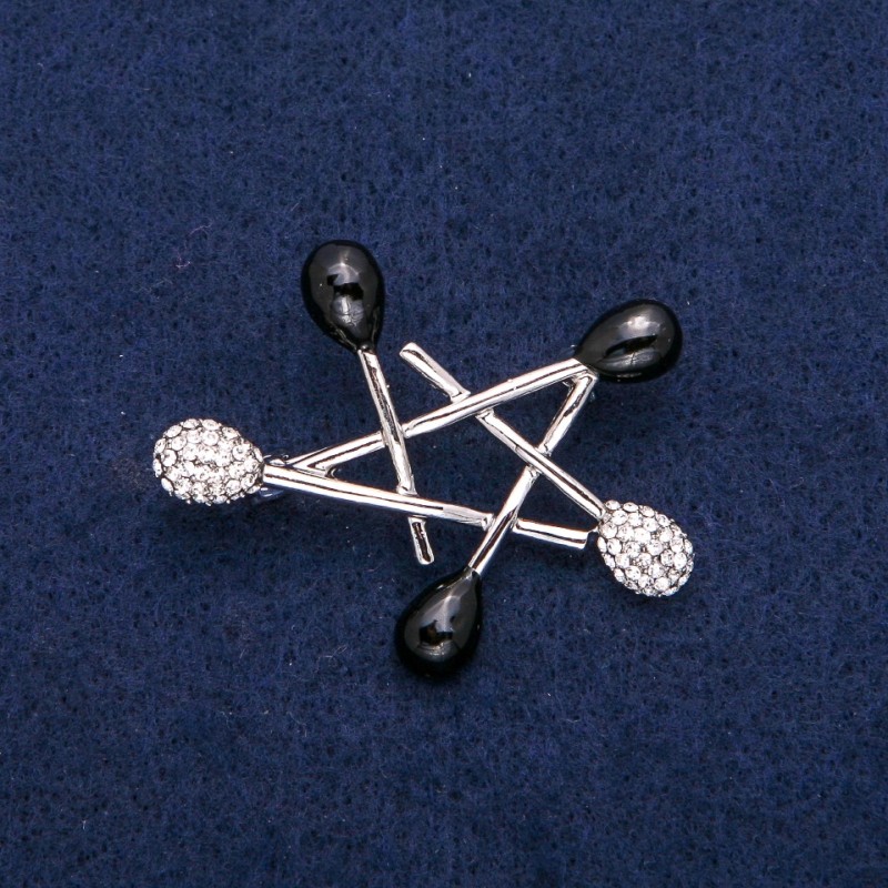 Brooch Star black enamel and white crystals, silver-tone metal 36x44mm