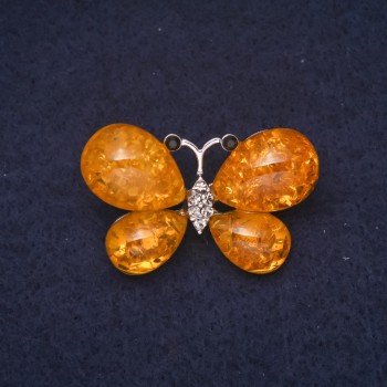 Amber Butterfly Brooch (single) 38x24mm yellow metallic silver