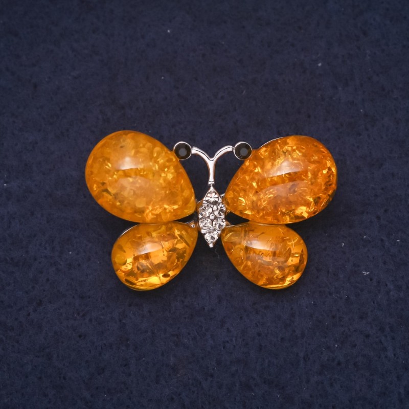Amber Butterfly Brooch (single) 38x24mm yellow metallic silver
