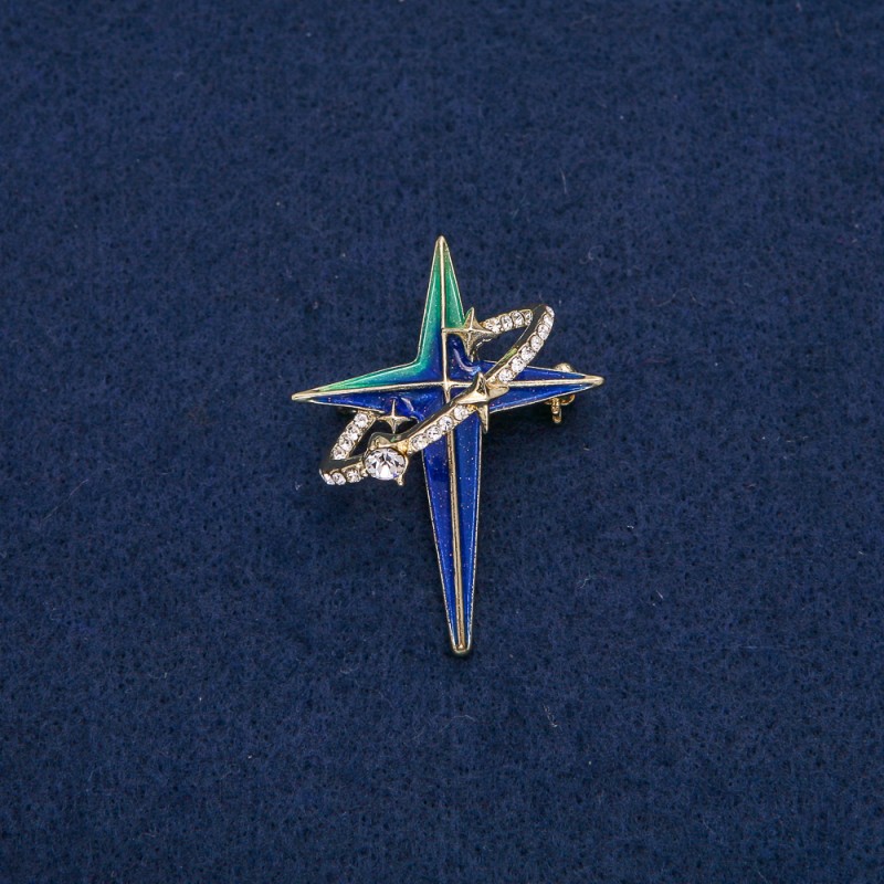 Brooch-pendant Star in an Oval Ring, golden metal with white rhinestones and blue-turquoise enamel 45x33mm +