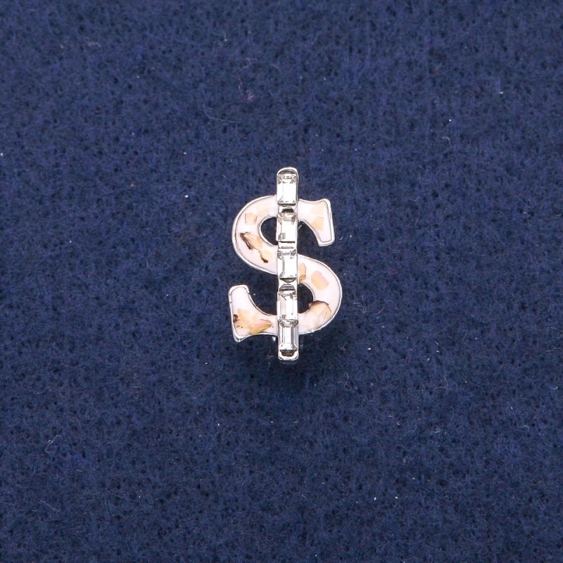 Brooch Dollar with White Enamel and Mother-of-Pearl Chalcedony, White Crystals, Silver Metal 12x21mm