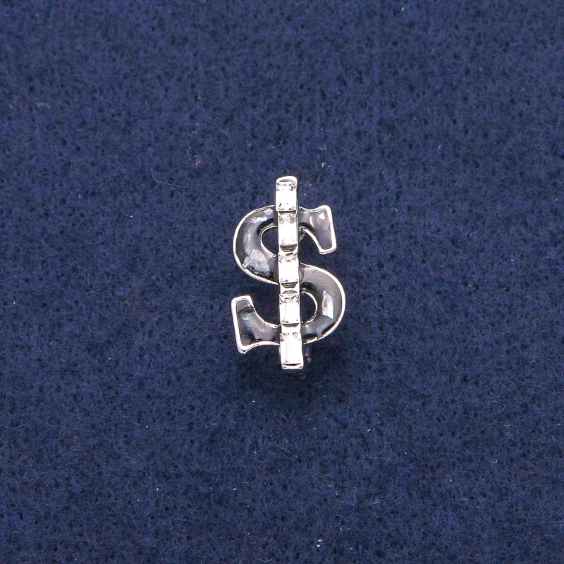 Brooch, Dollar with black enamel and mother-of-pearl Chatoyant, white crystals, silver metal 12x21mm