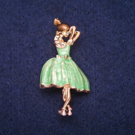 Brooch Balet diva with green and brown enamel, gold-tone metal 24x46mm