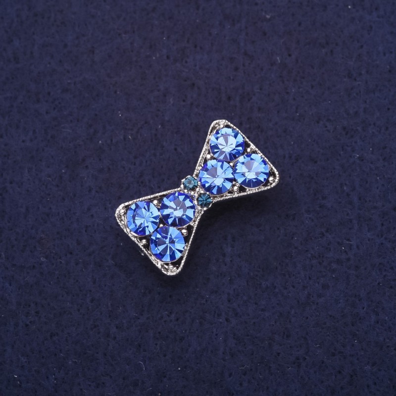 Brooch Bow in Blue Rhinestones, Silver Metal