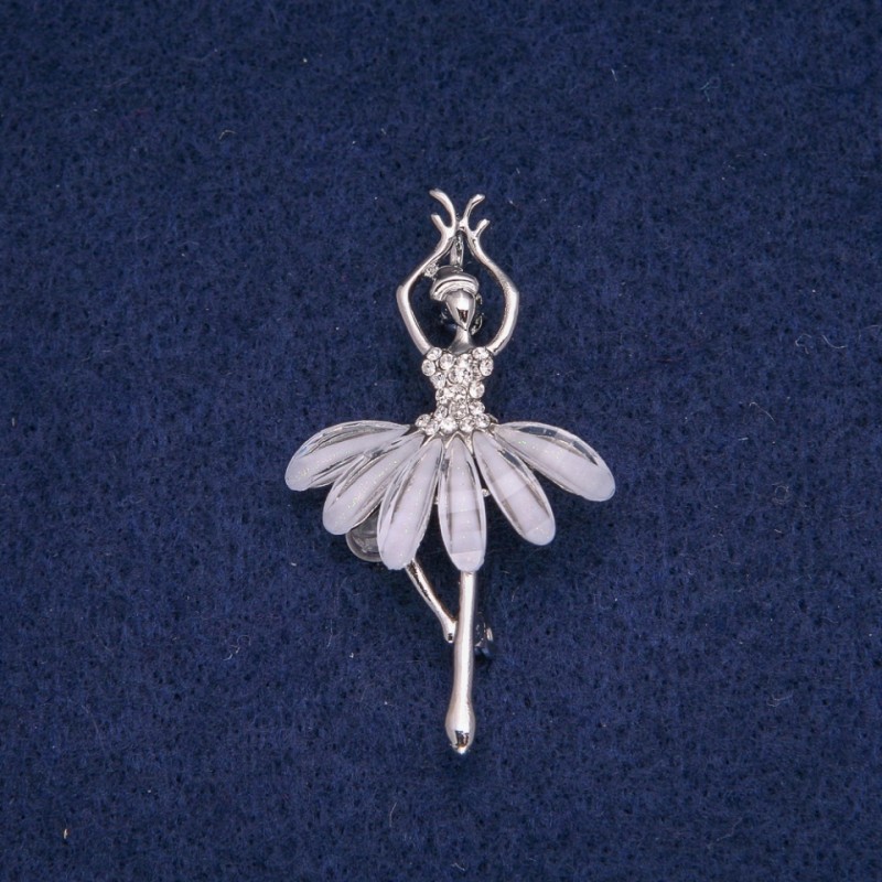 Brooch Baletina with white rhinestones, metal color silver, 49x28mm