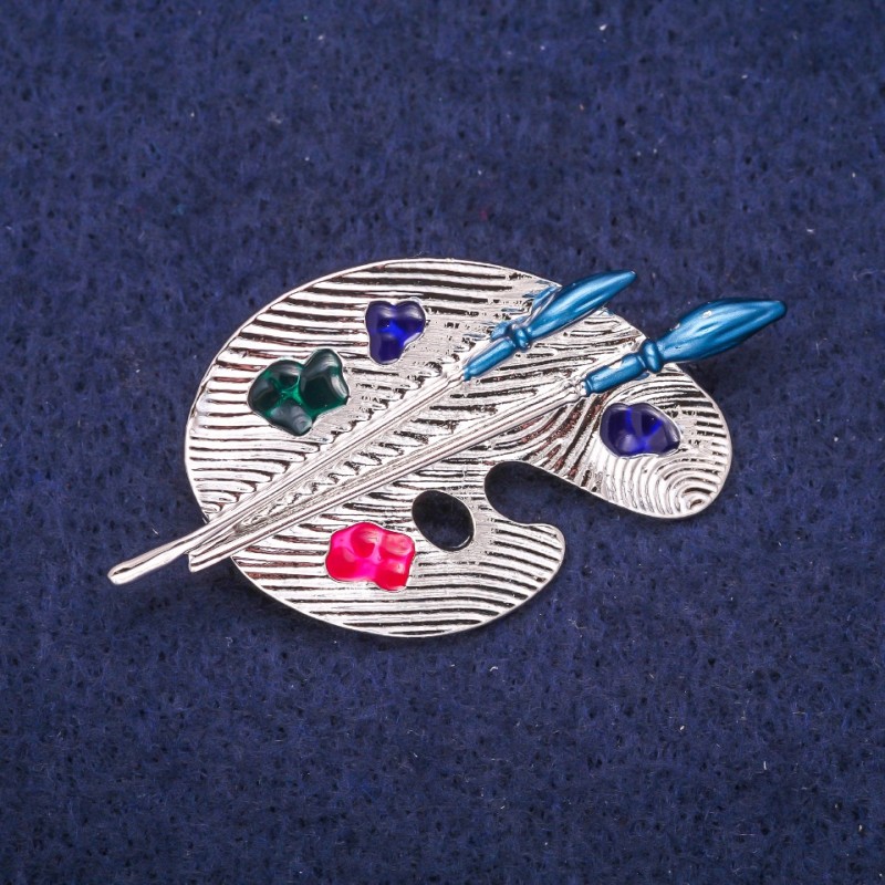 Brooch Palette with Enamel, Silver Metal 26x50mm