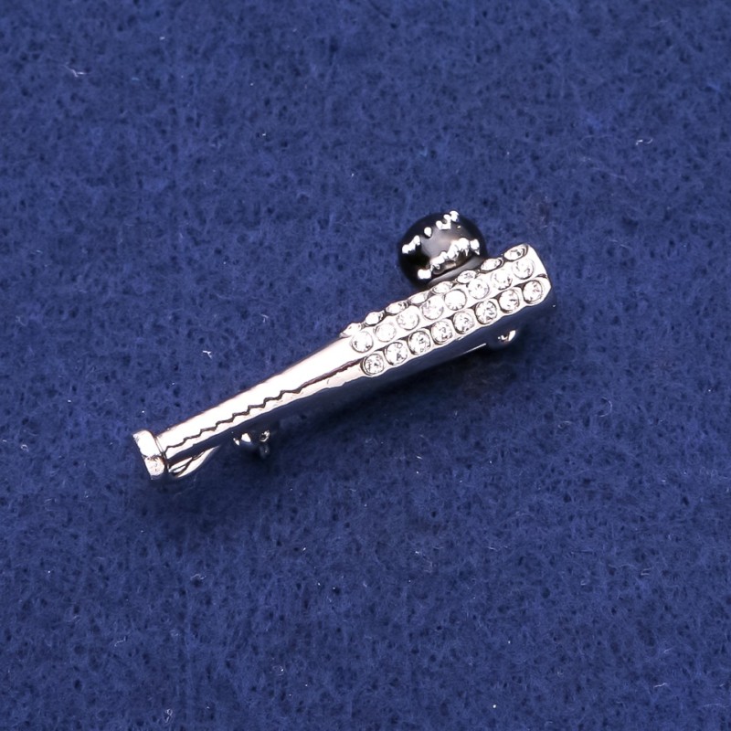 Brooch Baseball Bat with Crystals Silver Metal 13x40mm