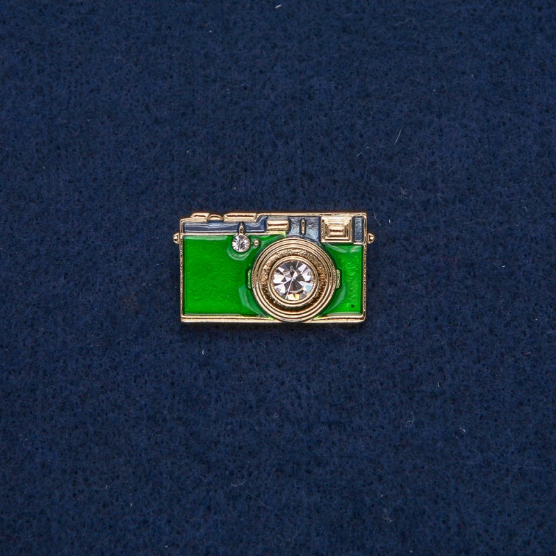 Brooch Camera golden metal with green enamel and white stones 30x17 mm +