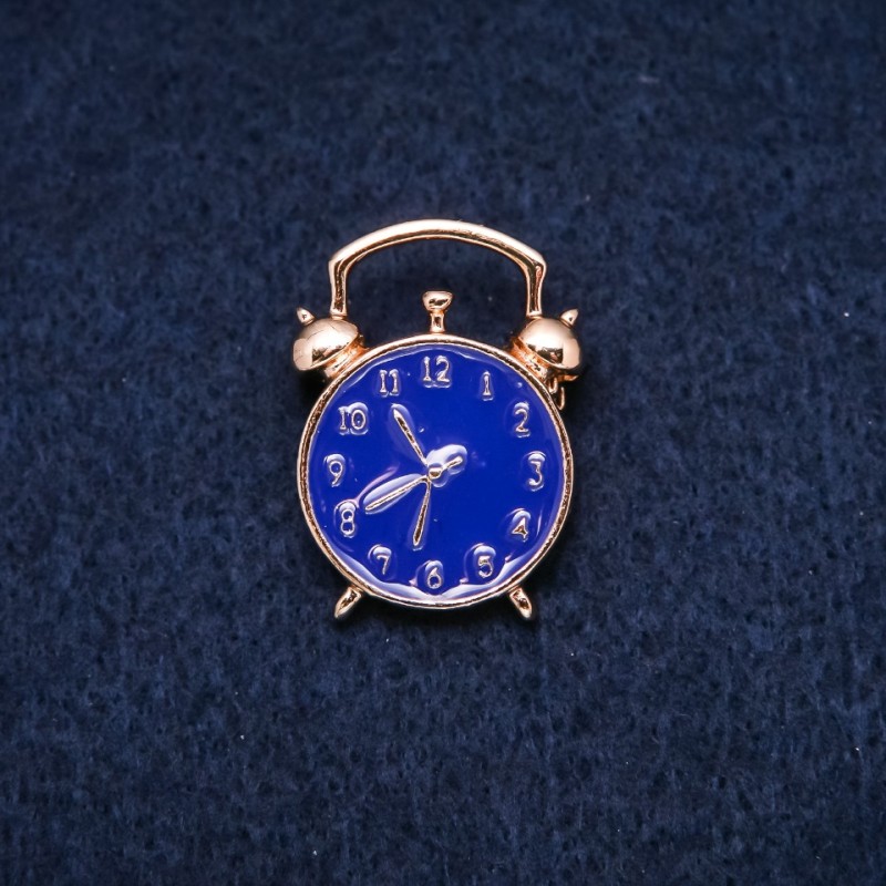 Brooch Clock Alarm Blue Enamel Yellow Metal 20x27mm