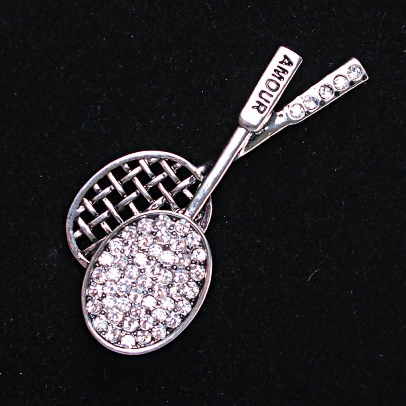 Brooch 'Racquets' Silver Metal and Crystals 55x25mm +
