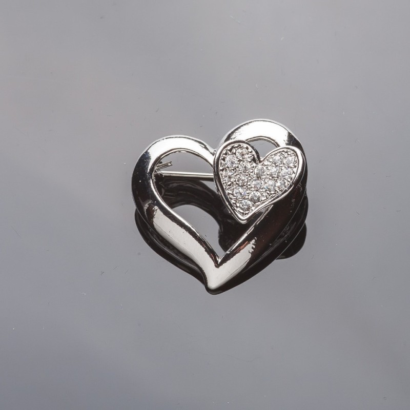 Silver-toned Brooch "Hearts of Two" with White Rhinestones 3 cm
