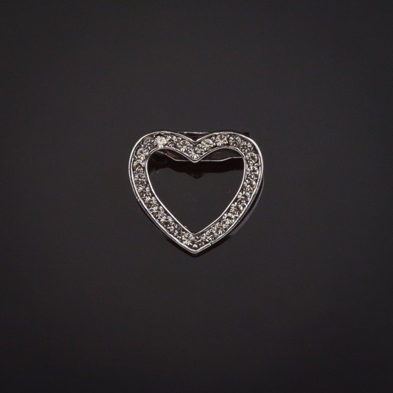 Brooch Heart in Silvered Metal with Crystals 20x18mm +