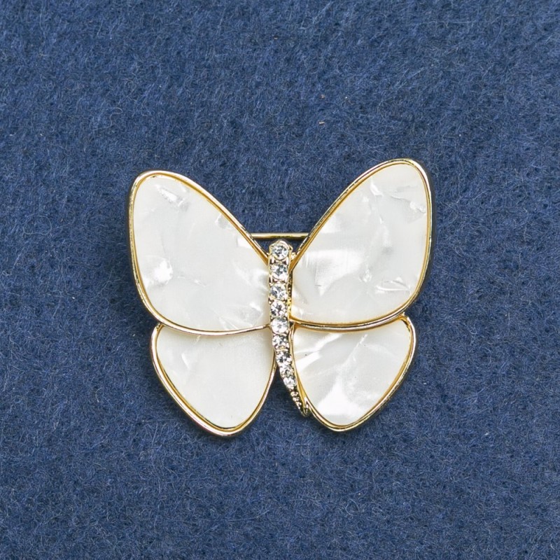 Brooch Butterfly with Pearl and Crystal Details in Gold-Tone Metal, White Pearl and White Crystals 31x40mm +