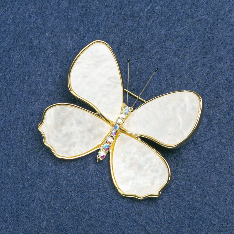 Brooch Butterfly golden metal, white Pearl and gasoline crystals 38x45mm +
