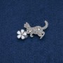 Brooch Cat with Flower, Gray Rhinestones, White Enamel, Silvery Metal 40×25mm +