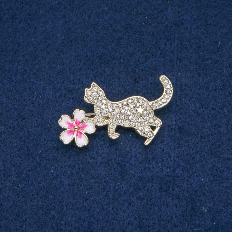 Brooch Cat with Flower White Crystals, Colorful Enamel, Gold-Toned Metal 40x25mm