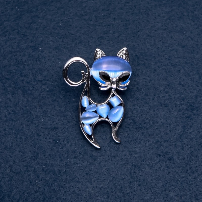 Brooch 'Cat' blue Cat's Eye stone color of metal 'silver' 30x45mm
