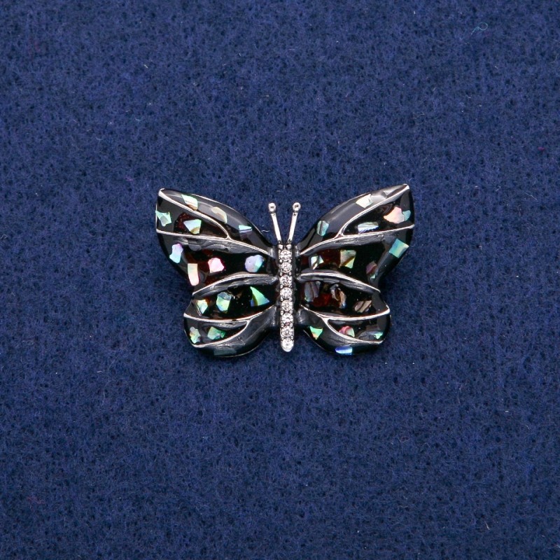 Brooch Butterfly with Chalcedony, enamel, and rhinestones 22x33mm, silver metal