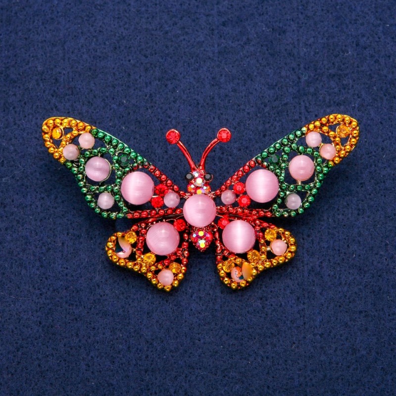 Brooch Pendant Butterfly with Cat's Eye Beads, Enamel and Rhinestones 44x78mm, Golden Metal
