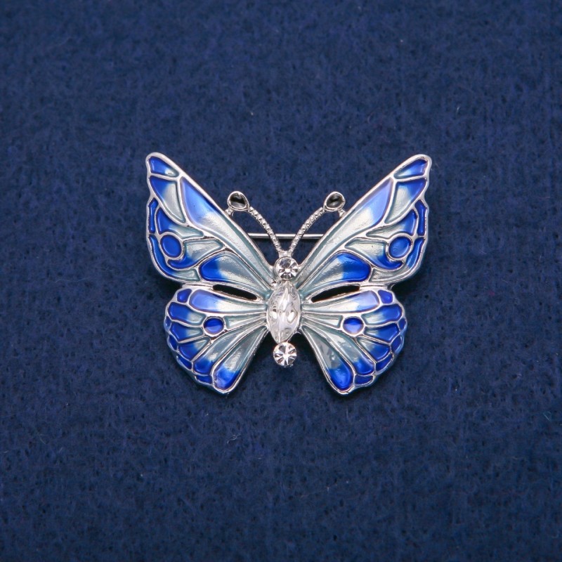 Brooch Butterfly with White Crystals and Blue Enamel, Golden Metal 31x37mm