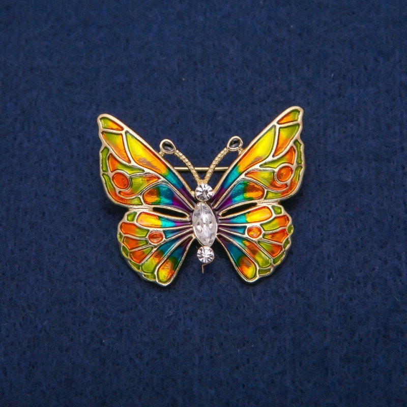 Brooch Butterfly with White Crystals and Multicolor Enamel, Gold-Toned Metal 31x37mm