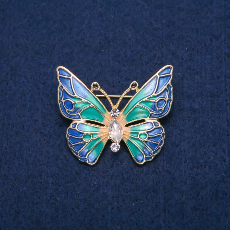 Brooch Butterfly with white crystals and multicolored enamel, gold-toned metal 31x37mm