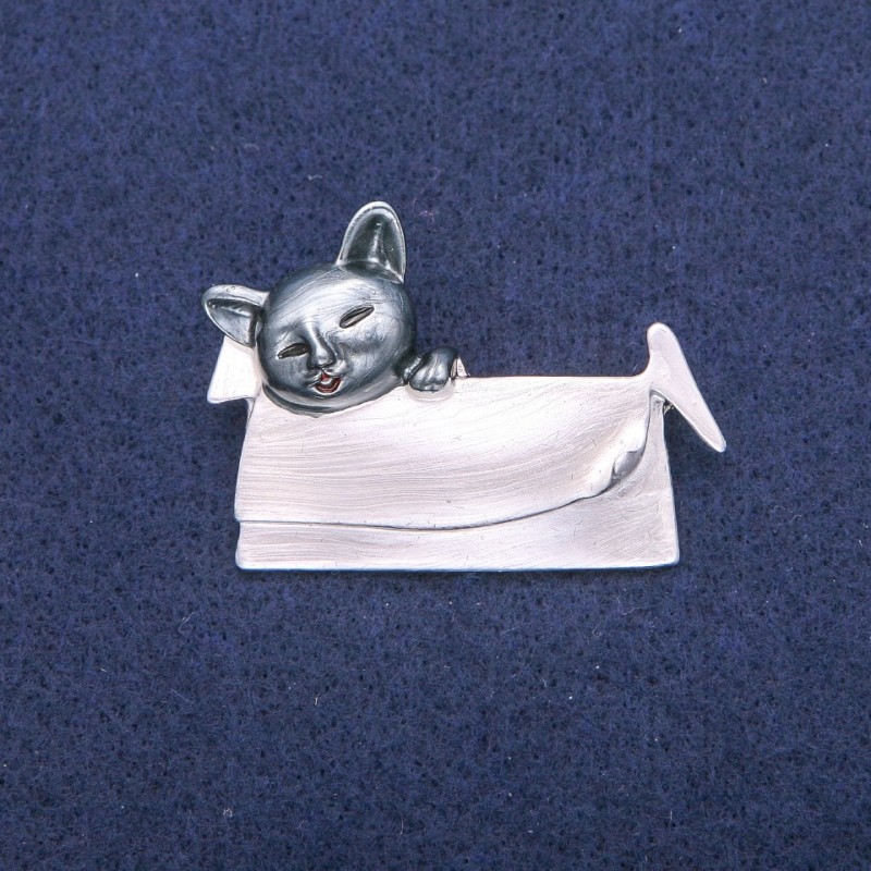 Brooch Pendant Cat in a Little Bag with Pearlized and Gray Enamel, Silvery Metal 33x45mm