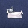 Brooch Pendant Cat in a Little Bag with Pearlized and Gray Enamel, Silvery Metal 33x45mm