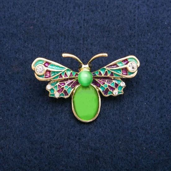 Brooch Butterfly Colorful Enamel, white crystals and Green Cat's Eye, golden metal 27x42mm