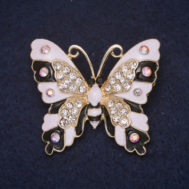 Brooch Butterfly 43x38mm rhinestones enamel color white black chameleon metallic gold