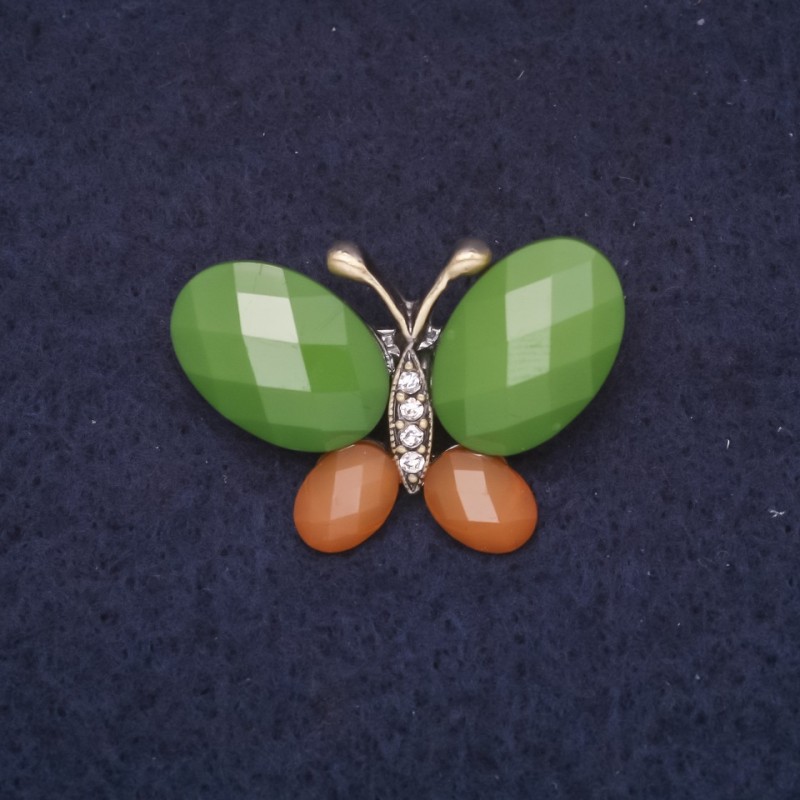 Brooch Butterfly 31x21mm with rhinestones and stones, green brown, gold-tone metal