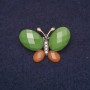 Brooch Butterfly 31x21mm with rhinestones and stones, green brown, gold-tone metal