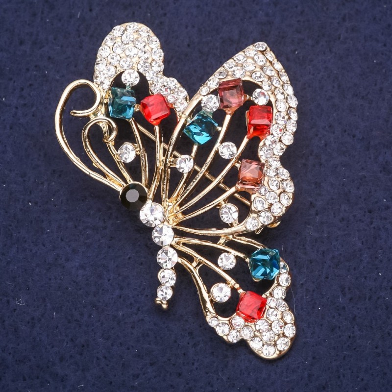Brooch Butterfly with red blue burgundy stones 60x40mm yellow metal